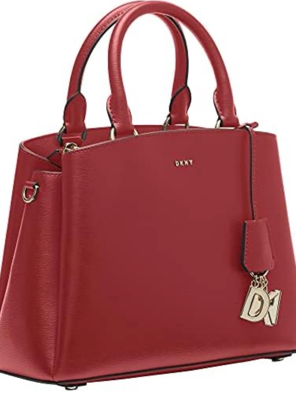 DKNY Red Structured Leather Satchel with Gold-Tone Charm